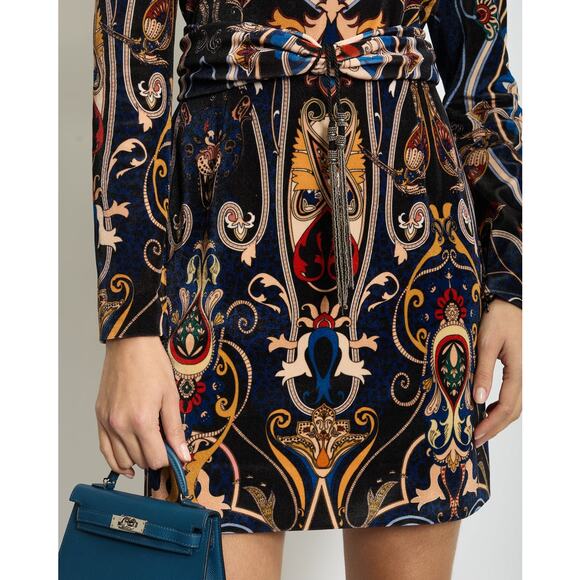 DUNDAS VELVET & LACE PAISLEY PRINT LONG SLEEVE MINI DRESS W FRONT BELT DETAIL 36 - Picture 4 of 13